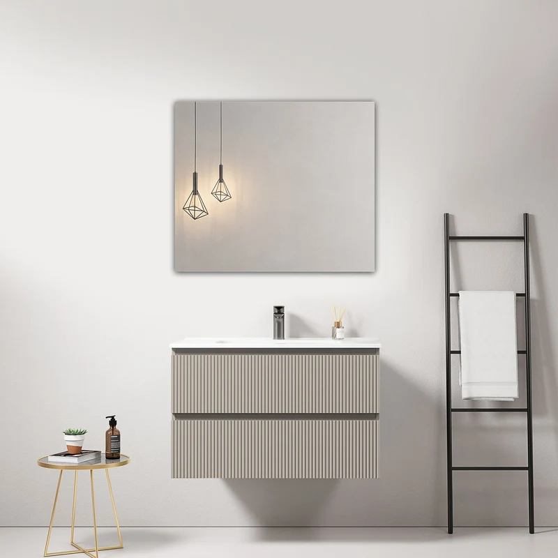 Mobile bagno sospeso cannettato 80 cm Grigio Cenere Lavabo in Ceramica Specchio Quadro - Fiji Paint