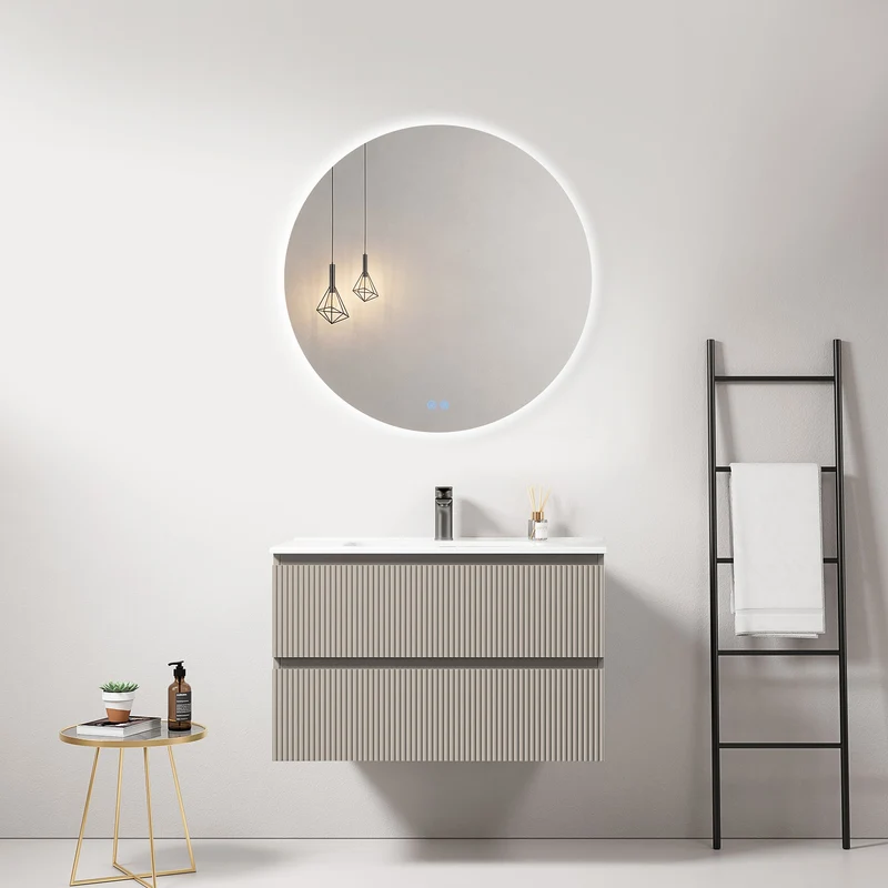 Mobile bagno sospeso cannettato 80 cm Grigio Cenere Lavabo in Ceramica Specchio Tondo Retroilluminato - Fiji Paint