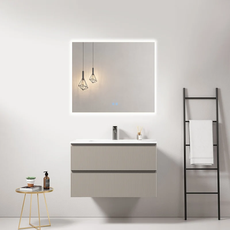 Mobile bagno sospeso cannettato 80 cm Grigio Cenere Lavabo in Ceramica Specchio Quadro Retroilluminato - Fiji Paint