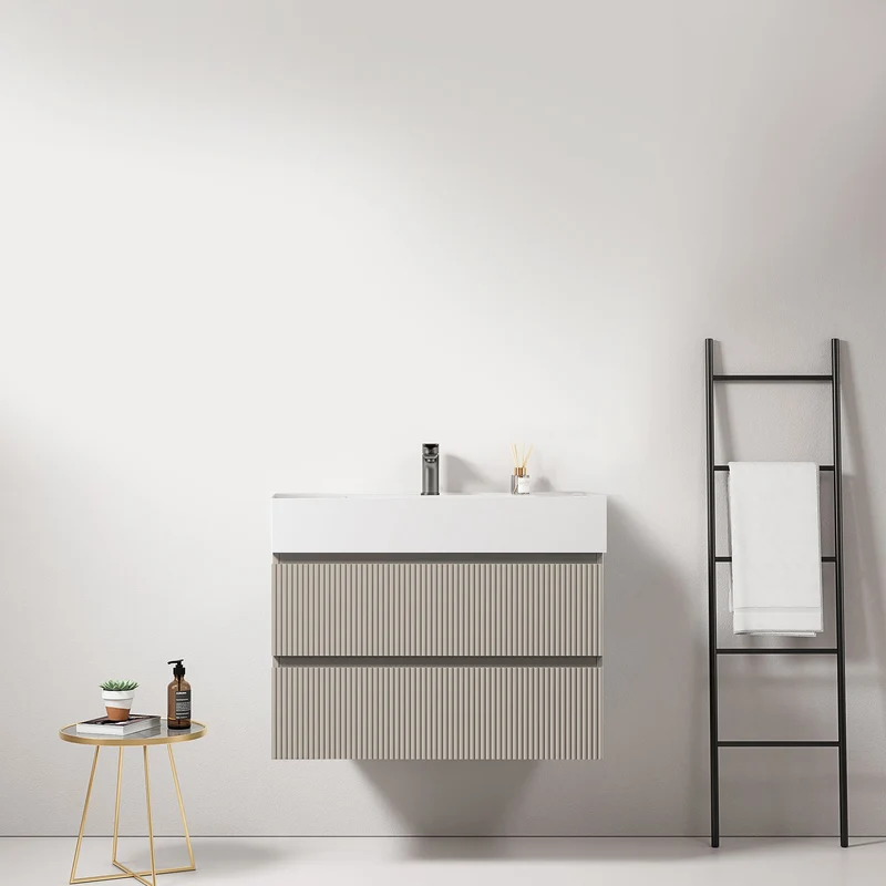 Mobile bagno sospeso cannettato 80 cm Grigio Cenere Lavabo in Resina Senza Specchio - Fiji Paint