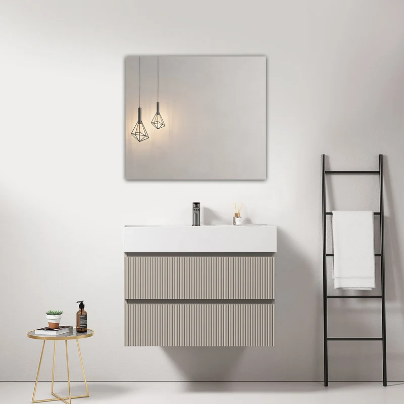 Mobile bagno sospeso cannettato 80 cm Grigio Cenere Lavabo in Resina Specchio Quadro - Fiji Paint