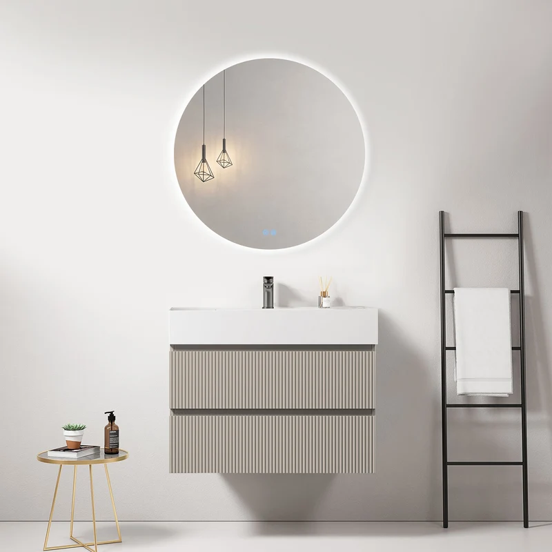 Mobile bagno sospeso cannettato 80 cm Grigio Cenere Lavabo in Resina Specchio Tondo Retroilluminato - Fiji Paint