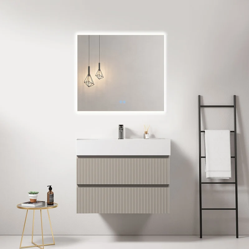 Mobile bagno sospeso cannettato 80 cm Grigio Cenere Lavabo in Resina Specchio Quadro Retroilluminato - Fiji Paint