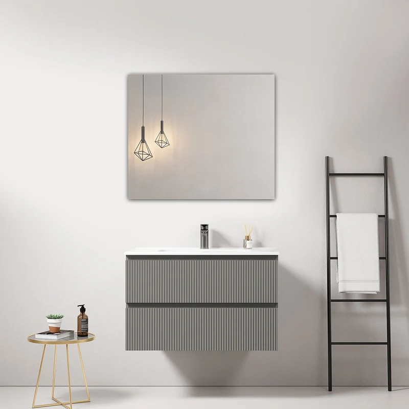 Mobile bagno sospeso cannettato 80 cm Grigio Londra Lavabo in Ceramica Specchio Quadro - Fiji Paint