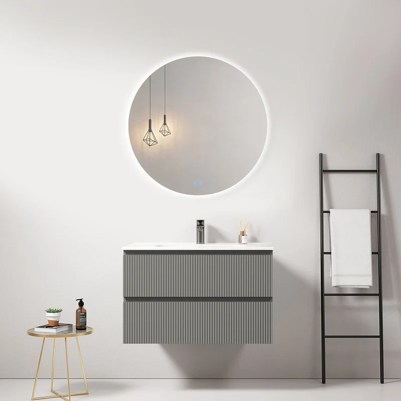Mobile bagno sospeso cannettato 80 cm Grigio Londra Lavabo in Ceramica Specchio Tondo Retroilluminato - Fiji Paint