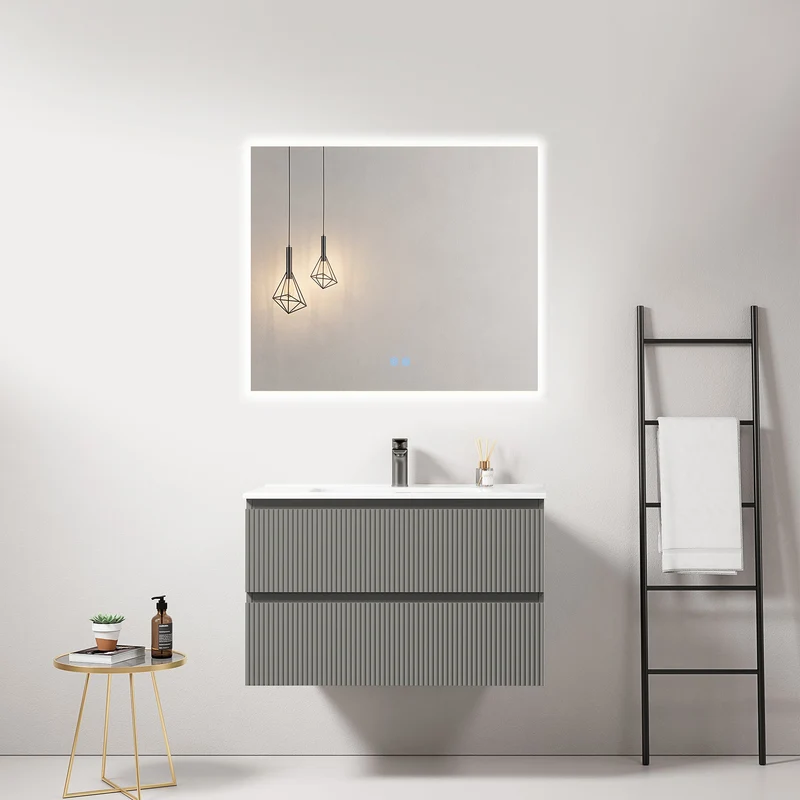Mobile bagno sospeso cannettato 80 cm Grigio Londra Lavabo in Ceramica Specchio Quadro Retroilluminato - Fiji Paint