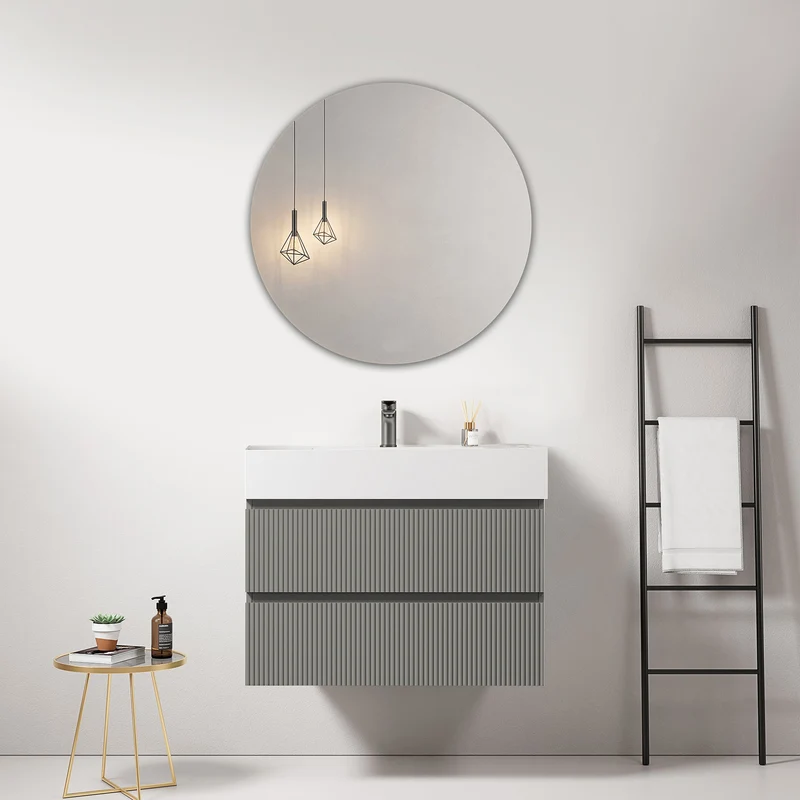 Mobile bagno sospeso cannettato 80 cm Grigio Londra Lavabo in Resina Specchio Tondo - Fiji Paint