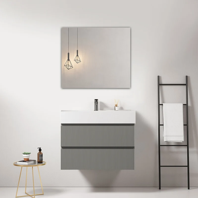 Mobile bagno sospeso cannettato 80 cm Grigio Londra Lavabo in Resina Specchio Quadro - Fiji Paint