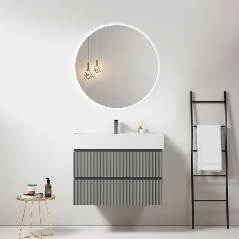 Mobile bagno sospeso cannettato 80 cm Grigio Londra Lavabo in Resina Specchio Tondo Retroilluminato - Fiji Paint