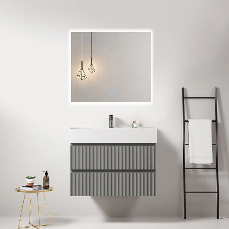 Mobile bagno sospeso cannettato 80 cm Grigio Londra Lavabo in Resina Specchio Quadro Retroilluminato - Fiji Paint