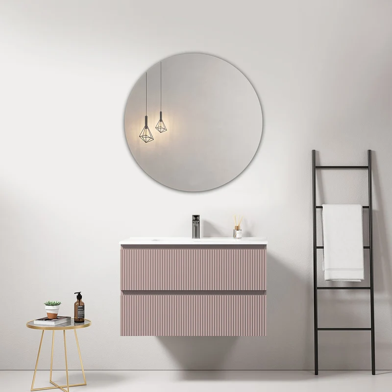 Mobile bagno sospeso cannettato 80 cm Rosa Retro Lavabo in Ceramica Specchio Tondo - Fiji Paint