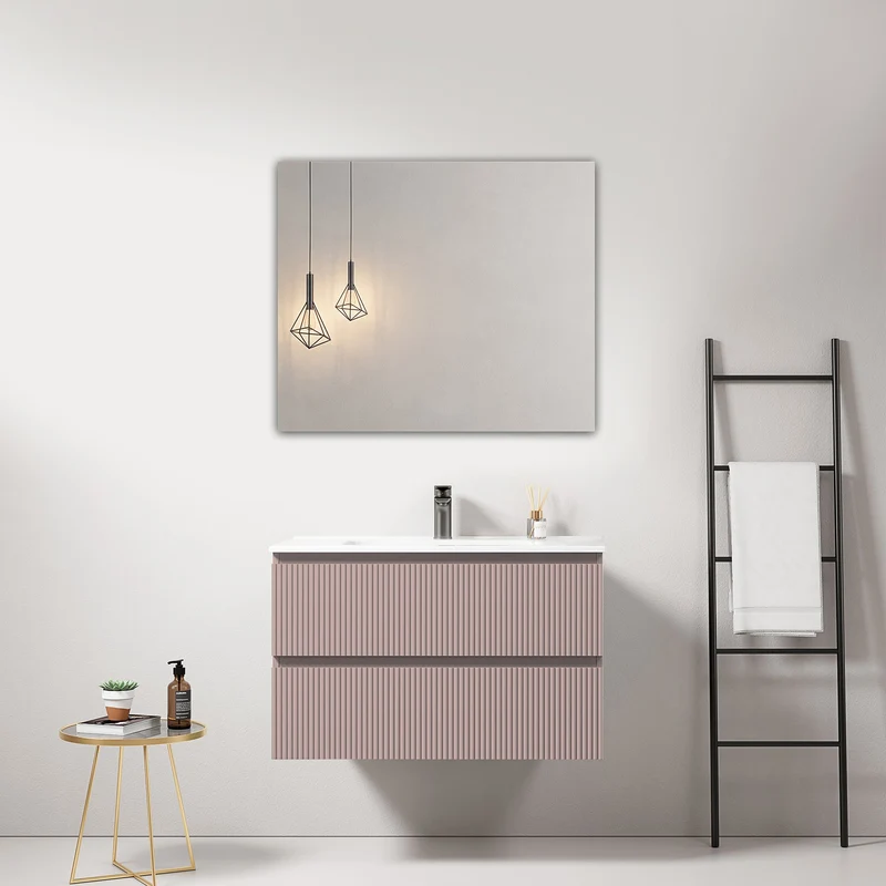 Mobile bagno sospeso cannettato 80 cm Rosa Retro Lavabo in Ceramica Specchio Quadro - Fiji Paint