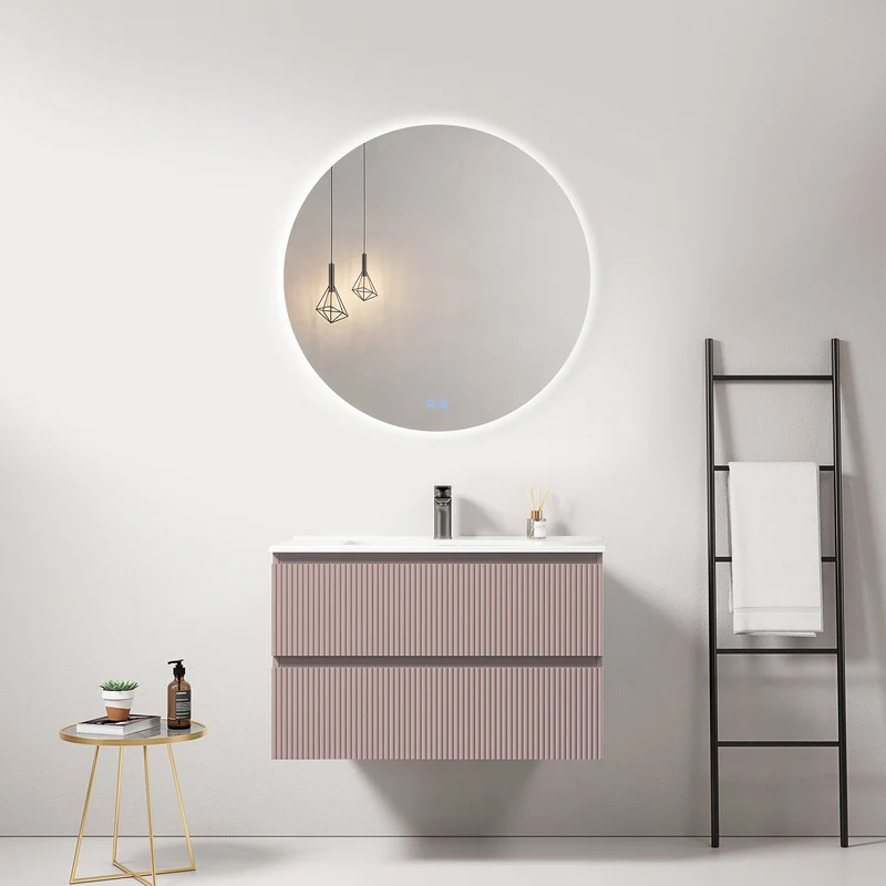 Mobile bagno sospeso cannettato 80 cm Rosa Retro Lavabo in Ceramica Specchio Tondo Retroilluminato - Fiji Paint