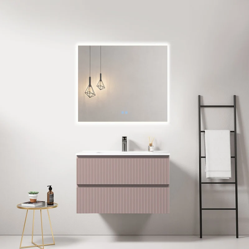 Mobile bagno sospeso cannettato 80 cm Rosa Retro Lavabo in Ceramica Specchio Quadro Retroilluminato - Fiji Paint