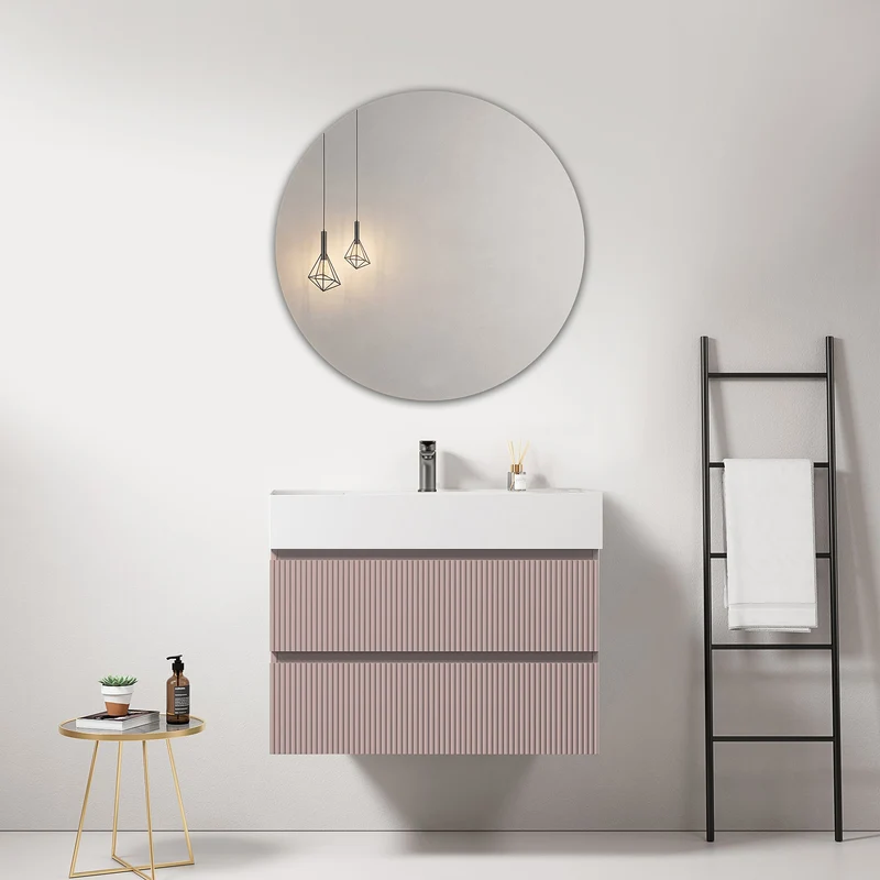 Mobile bagno sospeso cannettato 80 cm Rosa Retro Lavabo in Resina Specchio Tondo - Fiji Paint