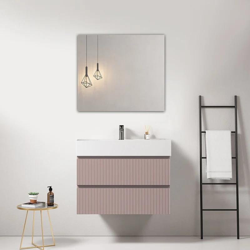 Mobile bagno sospeso cannettato 80 cm Rosa Retro Lavabo in Resina Specchio Quadro - Fiji Paint