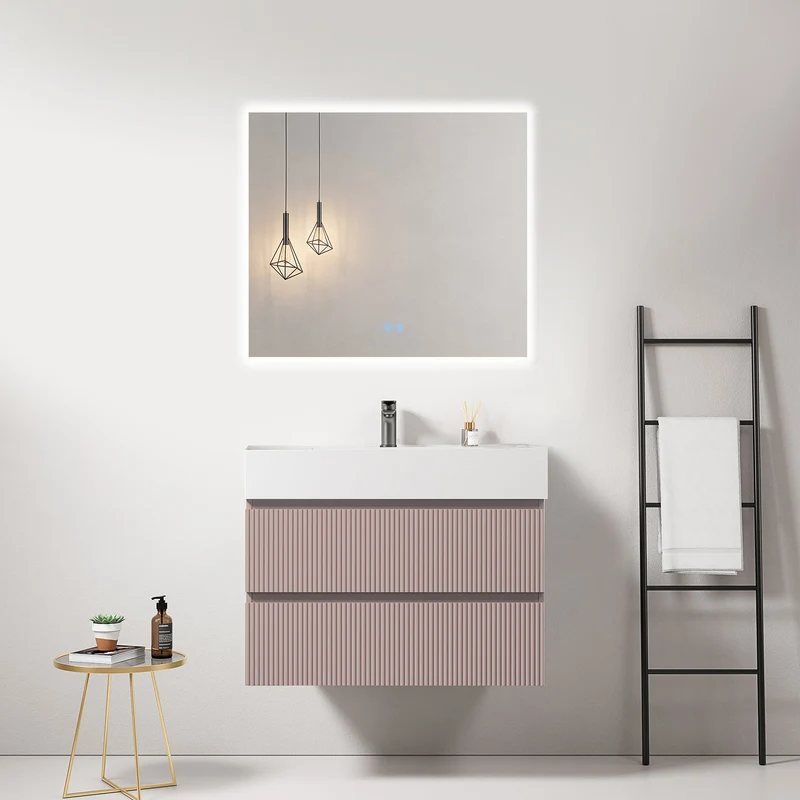 Mobile bagno sospeso cannettato 80 cm Rosa Retro Lavabo in Resina Specchio Quadro Retroilluminato - Fiji Paint