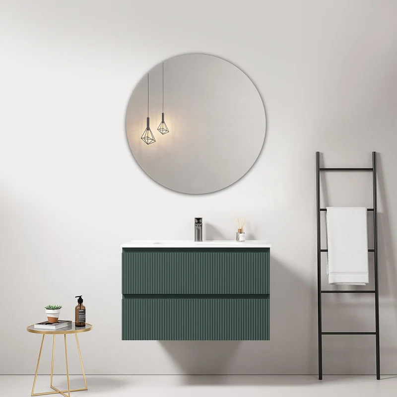 Mobile bagno sospeso cannettato 80 cm Verde Comodoro Lavabo in Ceramica Specchio Tondo - Fiji Paint