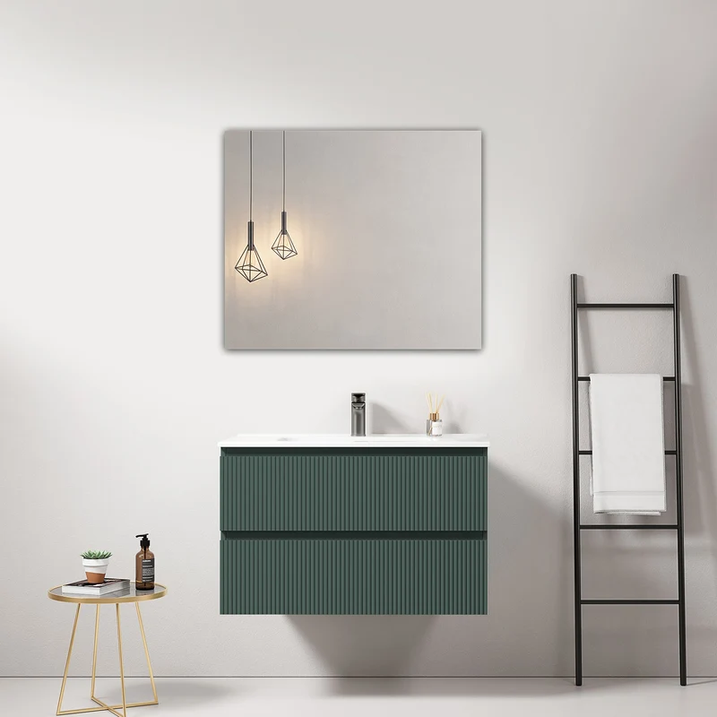Mobile bagno sospeso cannettato 80 cm Verde Comodoro Lavabo in Ceramica Specchio Quadro - Fiji Paint