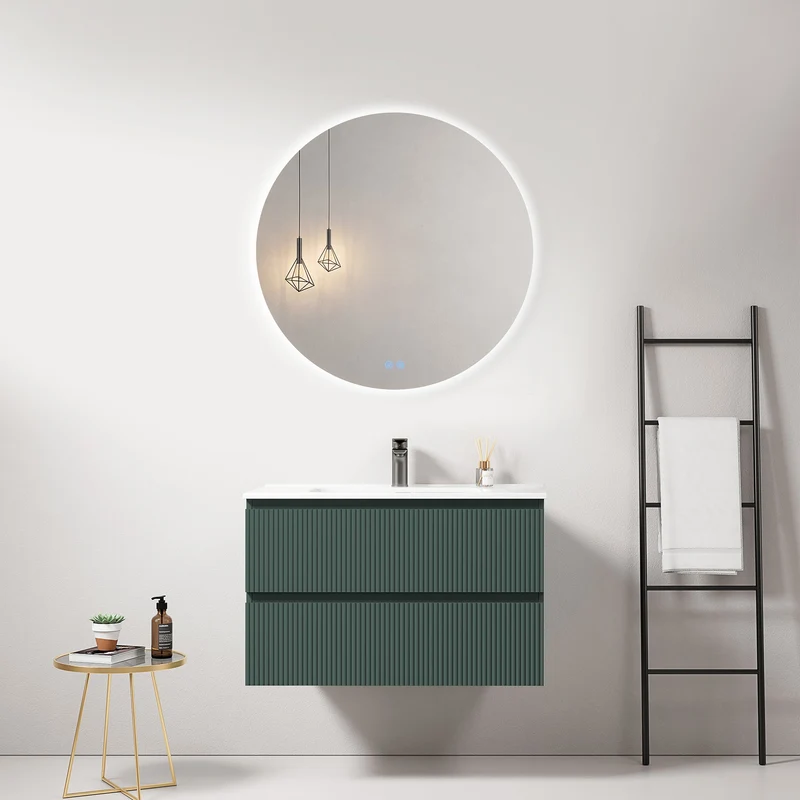 Mobile bagno sospeso cannettato 80 cm Verde Comodoro Lavabo in Ceramica Specchio Tondo Retroilluminato - Fiji Paint
