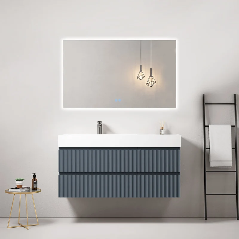 Mobile bagno sospeso cannettato 120 cm Blu Mare Lavabo a Sinistra in Resina Specchio Quadro Retroilluminato - Fiji Paint