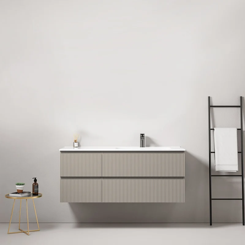 Mobile bagno sospeso cannettato 120 cm Grigio Cenere Lavabo a Destra in Ceramica Senza Specchio - Fiji Paint