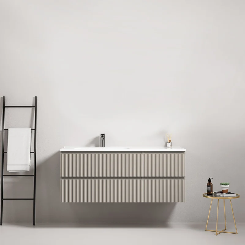 Mobile bagno sospeso cannettato 120 cm Grigio Cenere Lavabo a Sinistra in Ceramica Senza Specchio - Fiji Paint
