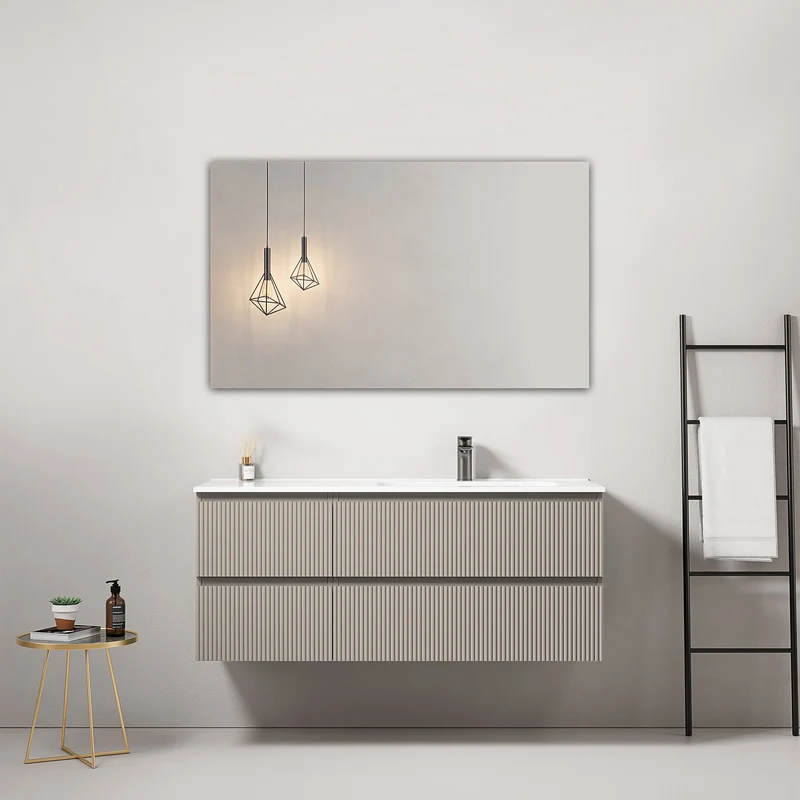 Mobile bagno sospeso cannettato 120 cm Grigio Cenere Lavabo a Destra in Ceramica Specchio Quadro - Fiji Paint