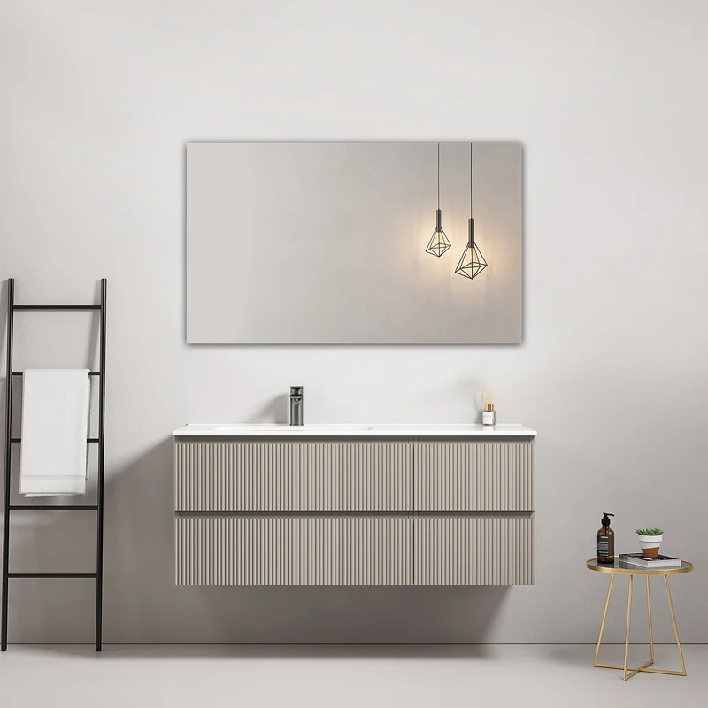 Mobile bagno sospeso cannettato 120 cm Grigio Cenere Lavabo a Sinistra in Ceramica Specchio Quadro - Fiji Paint