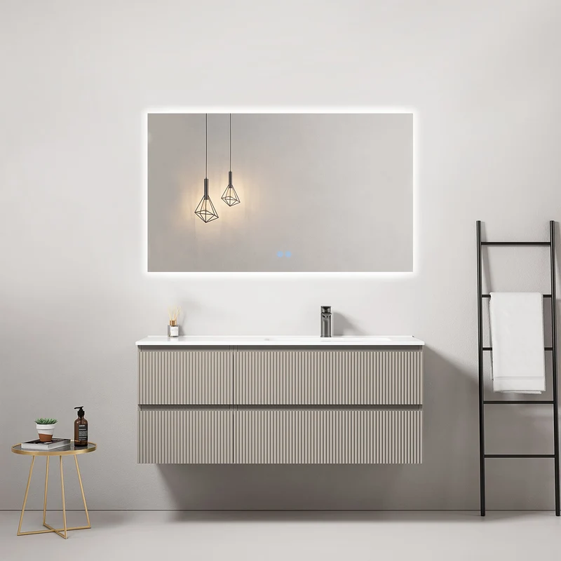 Mobile bagno sospeso cannettato 120 cm Grigio Cenere Lavabo a Destra in Ceramica Specchio Quadro Retroilluminato - Fiji Paint