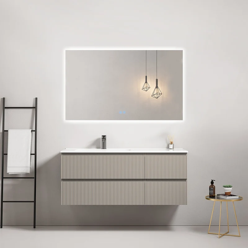 Mobile bagno sospeso cannettato 120 cm Grigio Cenere Lavabo a Sinistra in Ceramica Specchio Quadro Retroilluminato - Fiji Paint