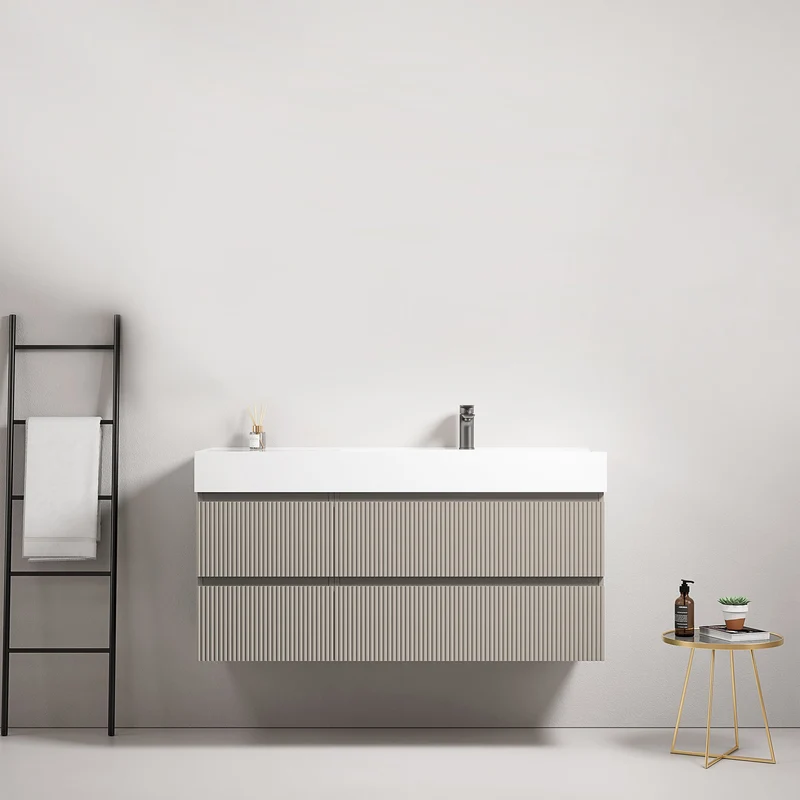 Mobile bagno sospeso cannettato 120 cm Grigio Cenere Lavabo a Destra in Resina Senza Specchio - Fiji Paint