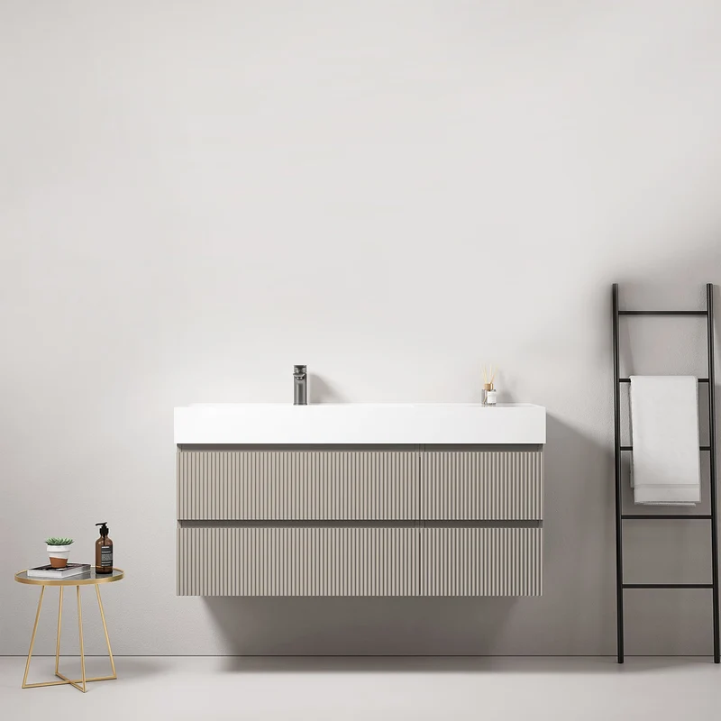 Mobile bagno sospeso cannettato 120 cm Grigio Cenere Lavabo a Sinistra in Resina Senza Specchio - Fiji Paint