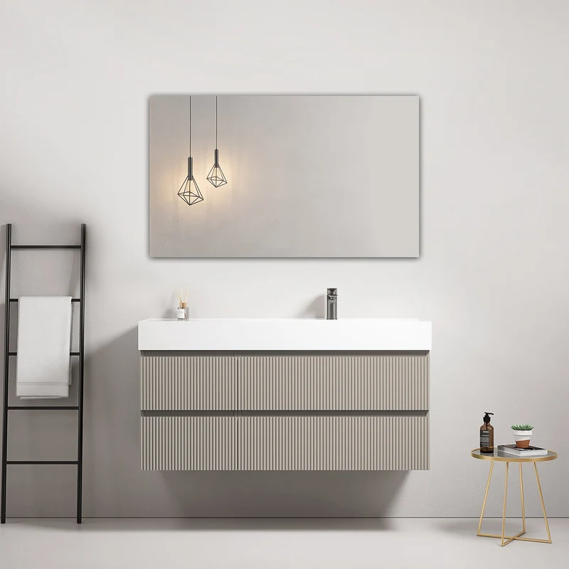 Mobile bagno sospeso cannettato 120 cm Grigio Cenere Lavabo a Destra in Resina Specchio Quadro - Fiji Paint
