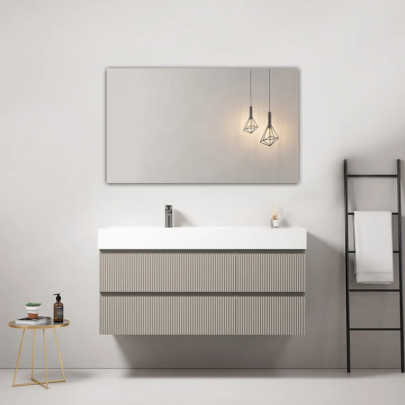 Mobile bagno sospeso cannettato 120 cm Grigio Cenere Lavabo a Sinistra in Resina Specchio Quadro - Fiji Paint