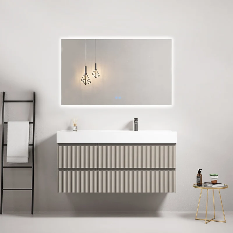 Mobile bagno sospeso cannettato 120 cm Grigio Cenere Lavabo a Destra in Resina Specchio Quadro Retroilluminato - Fiji Paint