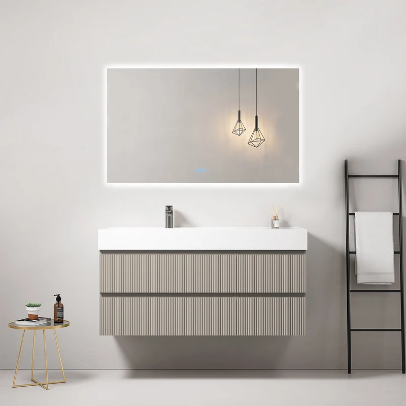 Mobile bagno sospeso cannettato 120 cm Grigio Cenere Lavabo a Sinistra in Resina Specchio Quadro Retroilluminato - Fiji Paint