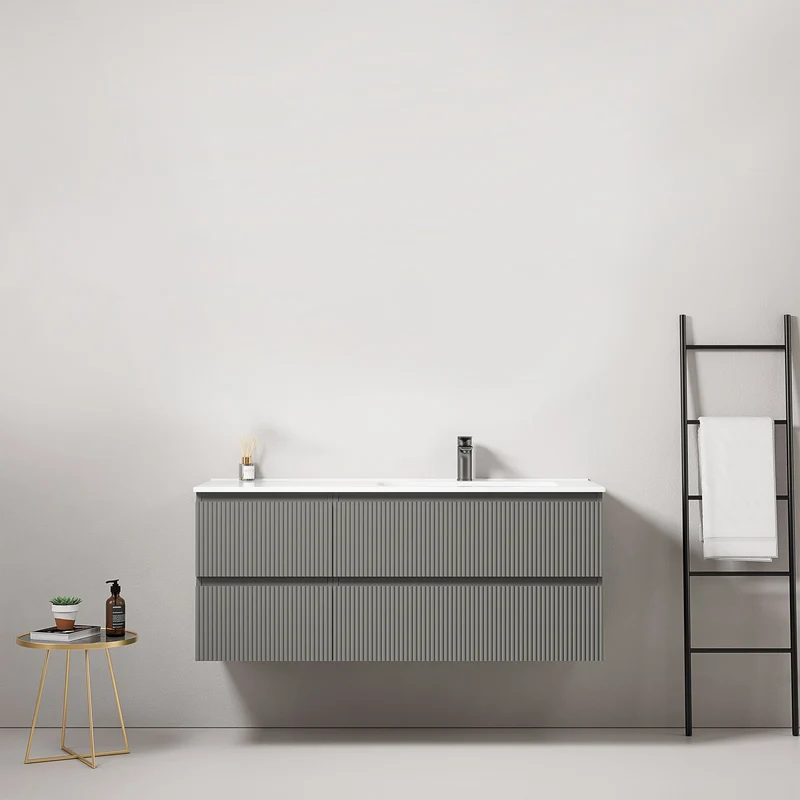 Mobile bagno sospeso cannettato 120 cm Grigio Londra Lavabo a Destra in Ceramica Senza Specchio - Fiji Paint