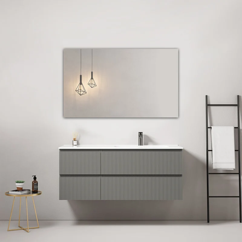 Mobile bagno sospeso cannettato 120 cm Grigio Londra Lavabo a Destra in Ceramica Specchio Quadro - Fiji Paint