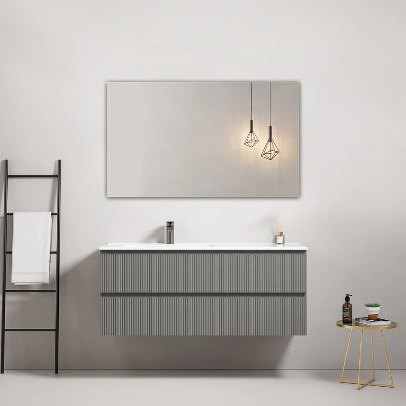 Mobile bagno sospeso cannettato 120 cm Grigio Londra Lavabo a Sinistra in Ceramica Specchio Quadro - Fiji Paint