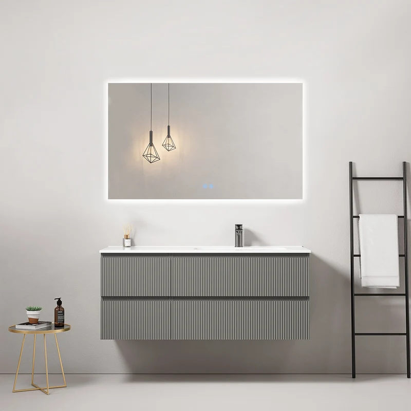 Mobile bagno sospeso cannettato 120 cm Grigio Londra Lavabo a Destra in Ceramica Specchio Quadro Retroilluminato - Fiji Paint