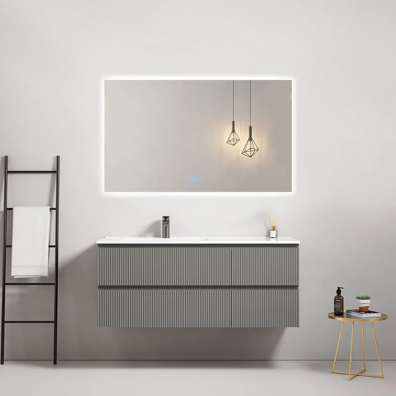 Mobile bagno sospeso cannettato 120 cm Grigio Londra Lavabo a Sinistra in Ceramica Specchio Quadro Retroilluminato - Fiji Paint