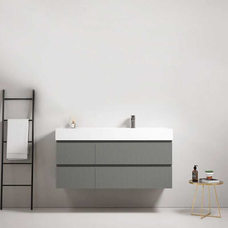 Mobile bagno sospeso cannettato 120 cm Grigio Londra Lavabo a Destra in Resina Senza Specchio - Fiji Paint
