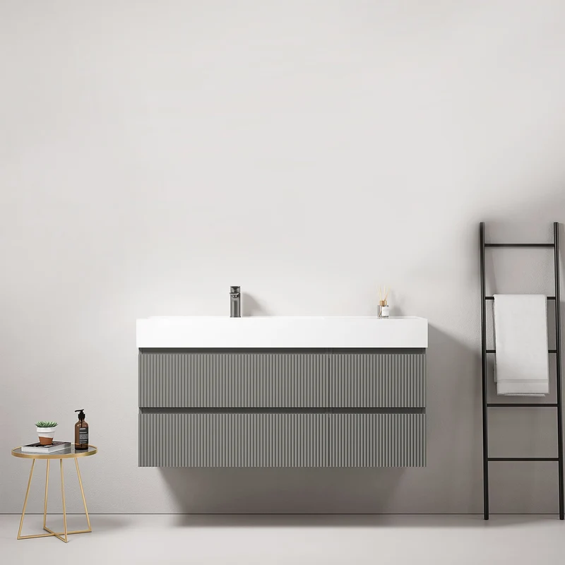 Mobile bagno sospeso cannettato 120 cm Grigio Londra Lavabo a Sinistra in Resina Senza Specchio - Fiji Paint