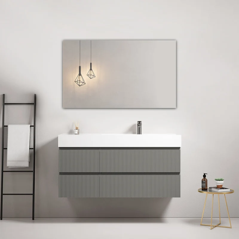 Mobile bagno sospeso cannettato 120 cm Grigio Londra Lavabo a Destra in Resina Specchio Quadro - Fiji Paint