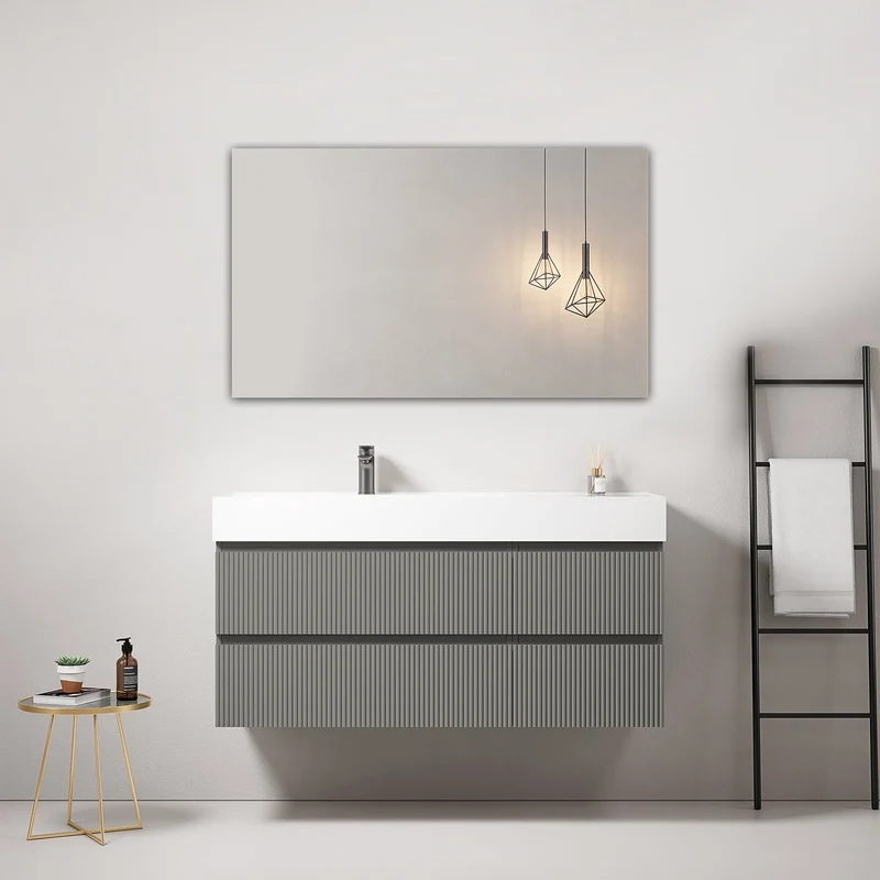 Mobile bagno sospeso cannettato 120 cm Grigio Londra Lavabo a Sinistra in Resina Specchio Quadro - Fiji Paint