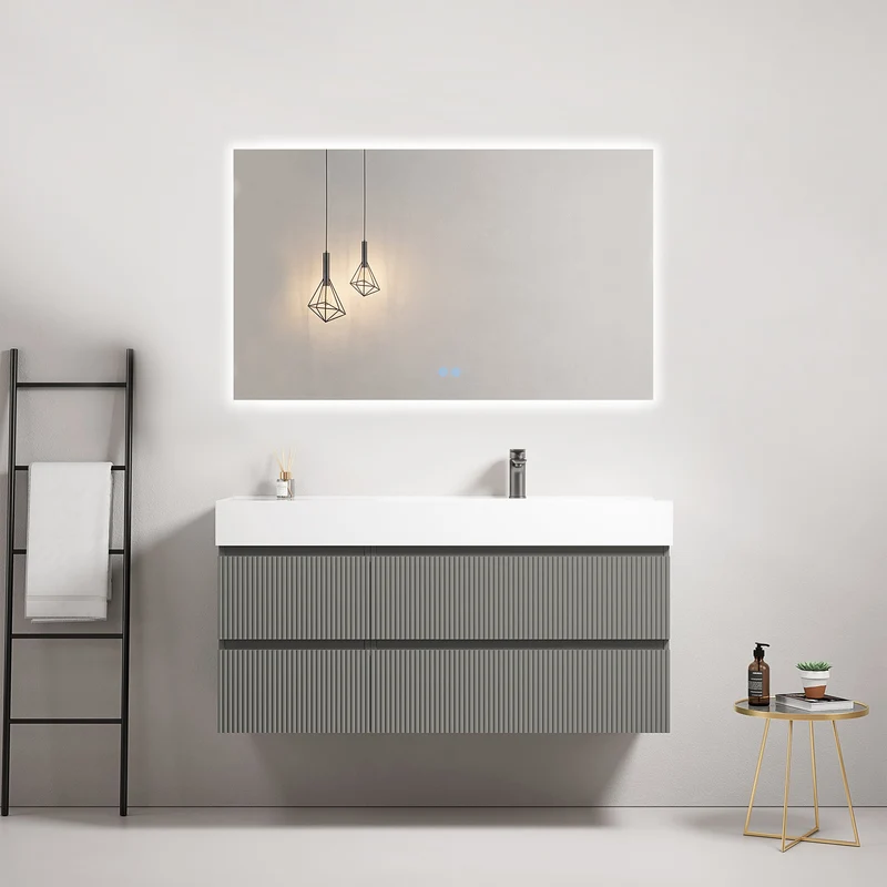 Mobile bagno sospeso cannettato 120 cm Grigio Londra Lavabo a Destra in Resina Specchio Quadro Retroilluminato - Fiji Paint