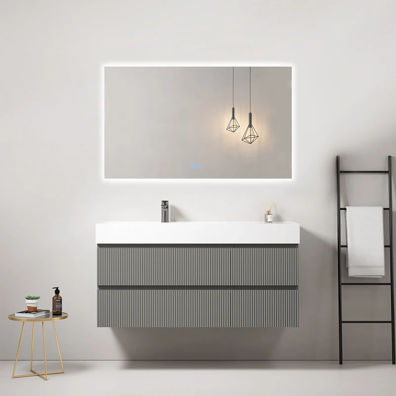 Mobile bagno sospeso cannettato 120 cm Grigio Londra Lavabo a Sinistra in Resina Specchio Quadro Retroilluminato - Fiji Paint
