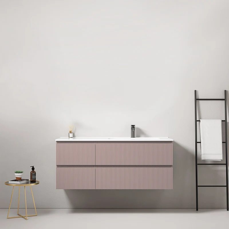 Mobile bagno sospeso cannettato 120 cm Rosa Retro Lavabo a Destra in Ceramica Senza Specchio - Fiji Paint