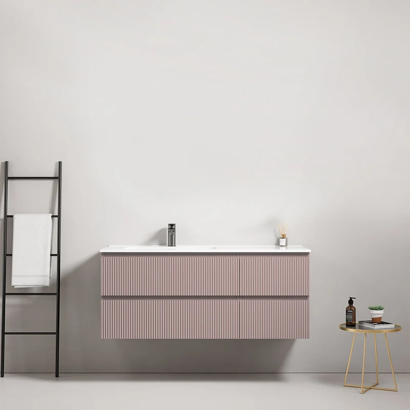 Mobile bagno sospeso cannettato 120 cm Rosa Retro Lavabo a Sinistra in Ceramica Senza Specchio - Fiji Paint